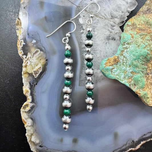 Carolyn Pollack Sterling Silver Navajo Pearl & Malachite Beads Row Dangle Earrings For Women