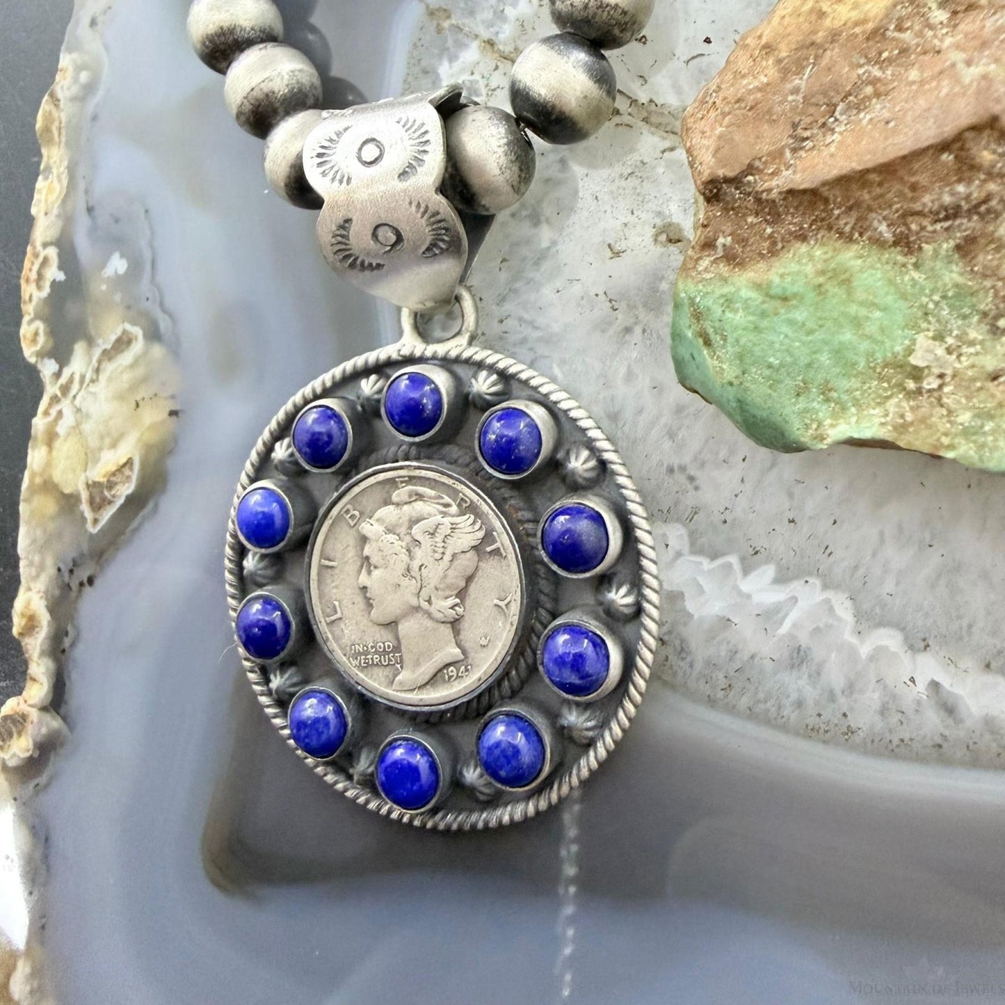 Genuine 1941 90% Silver Mercury Dime Coin w/Lapis Decorated Unisex Pendant