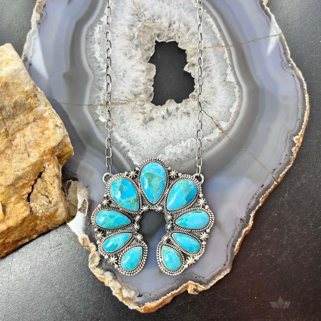 Sterling Silver Southwestern Style Teardrop Turquoise Naja 17" Necklace For Women