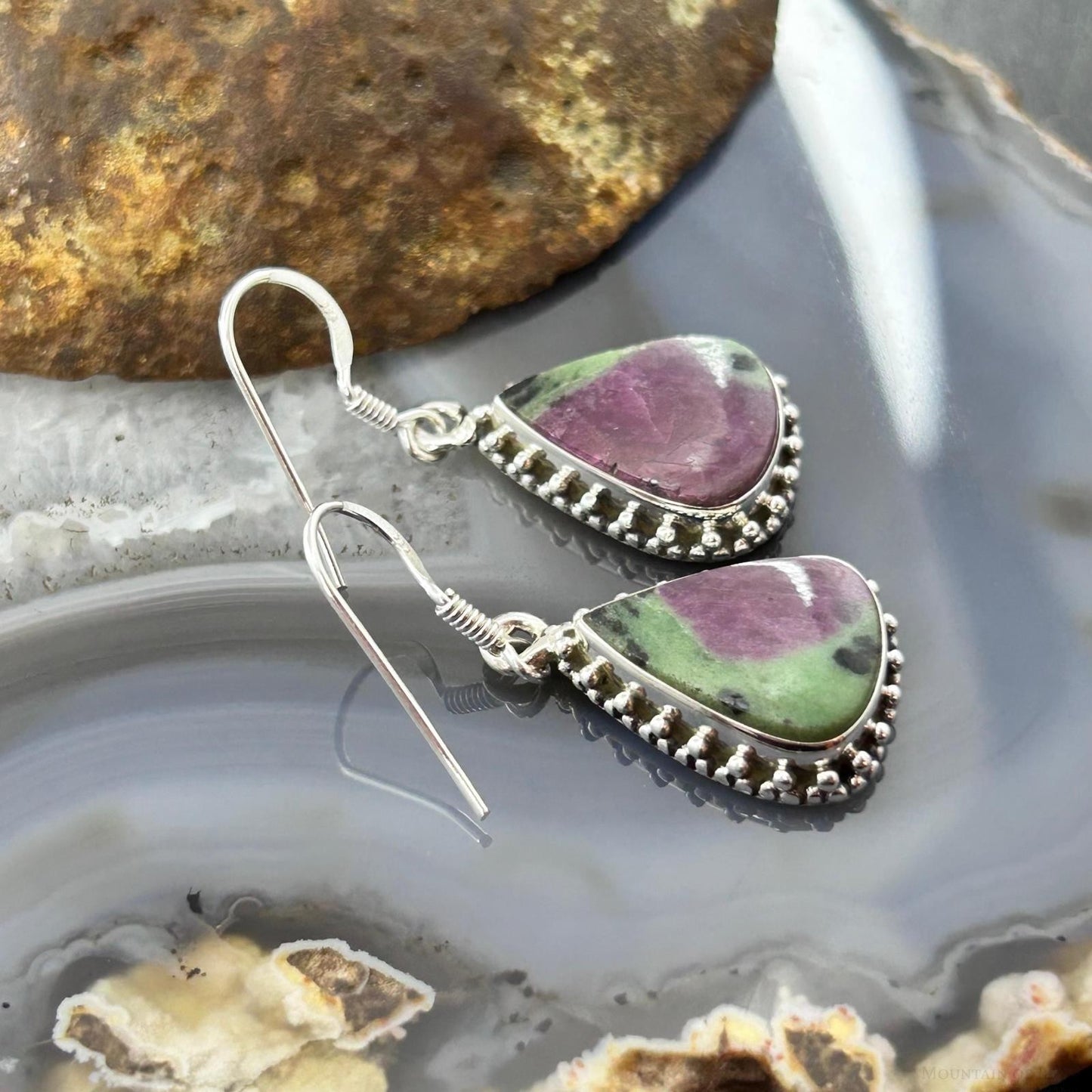 Sterling Silver Southwestern Style Teardrop Ruby Zoisite Dangle Earrings For Women
