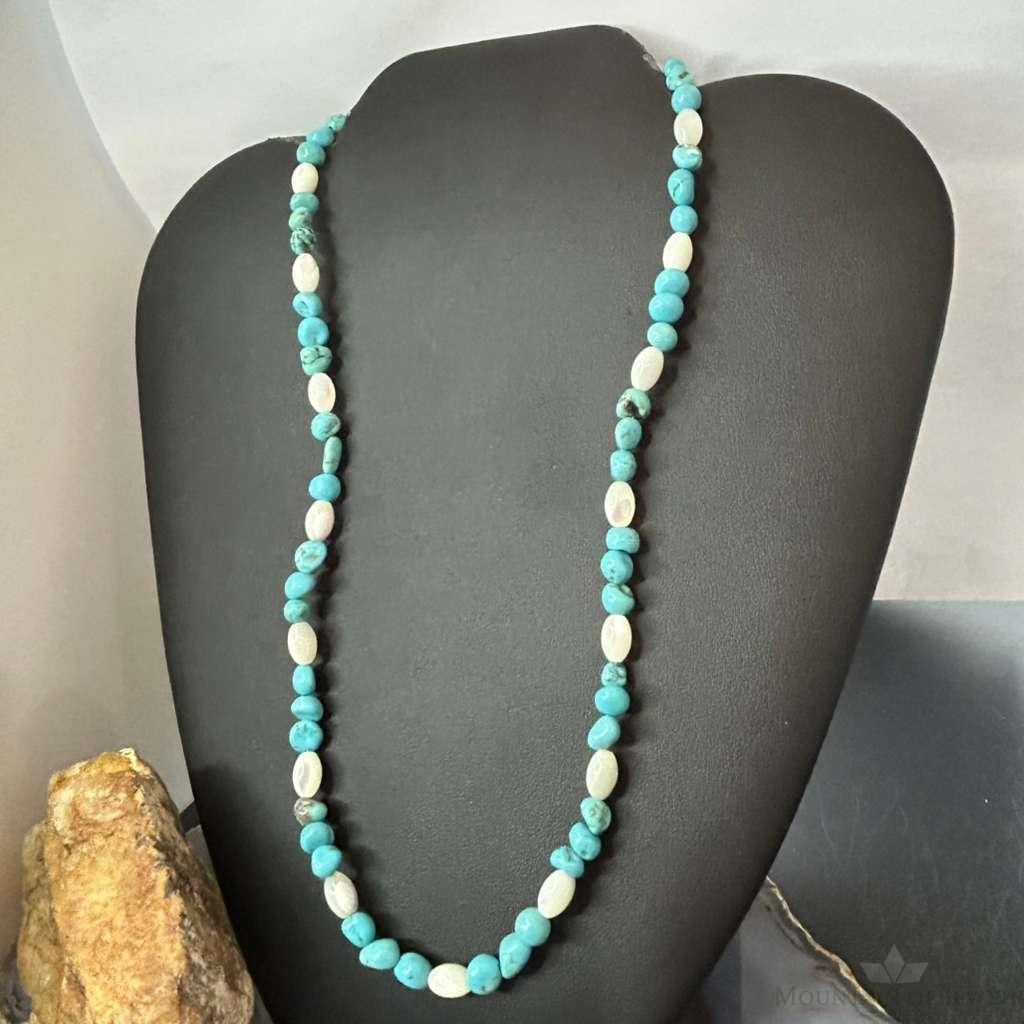 Sterling Silver 5-10mm Turquoise & 8mm MOP Beads 20" Necklace For Women