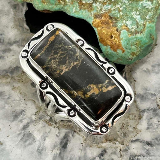 Native American Sterling Silver Rectangle Black Jack Bar Ring Size 6.75 For Women