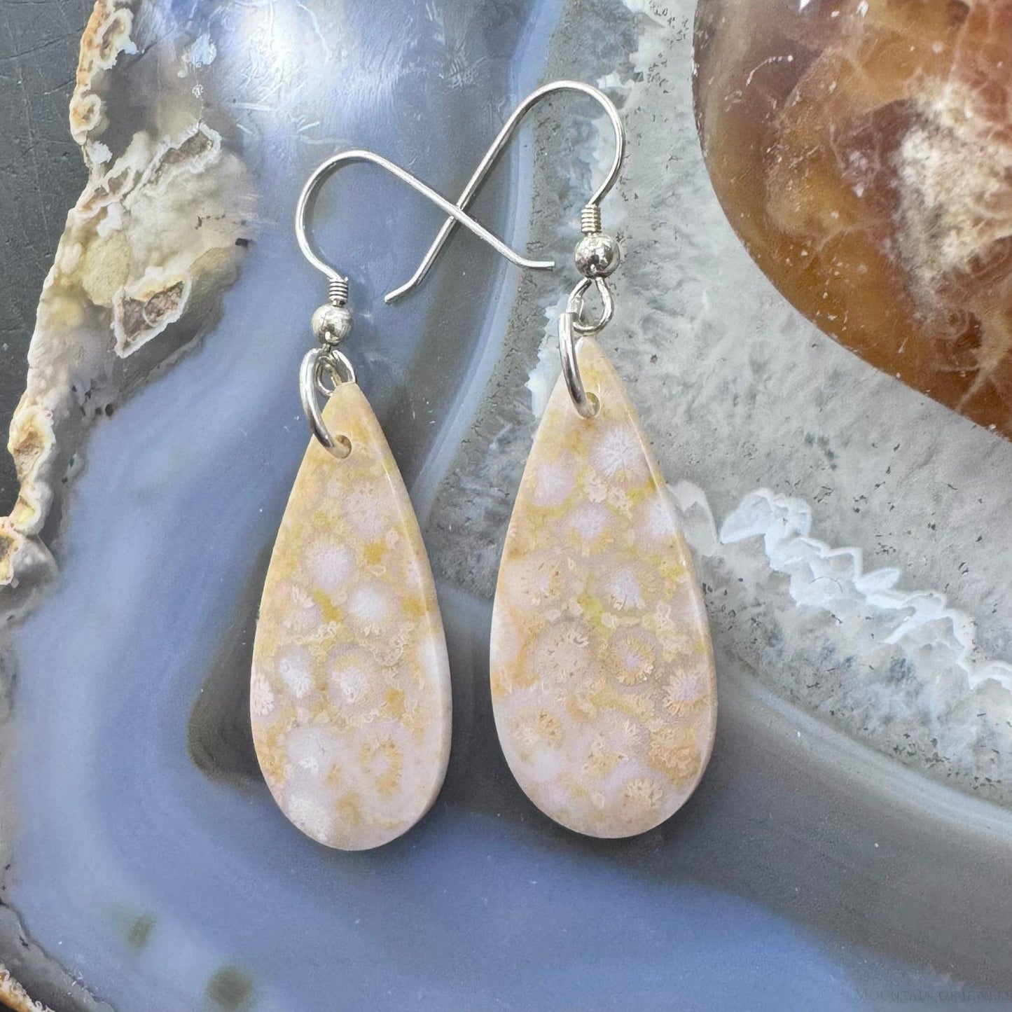 Sterling Silver Teardrop Fossilized Coral Slab Dangle Earrings For Women #129