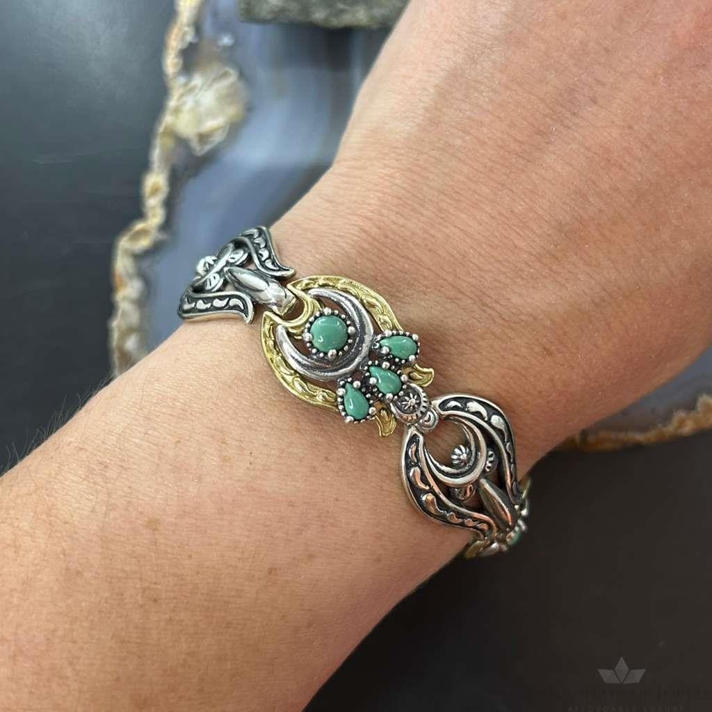 Carolyn Pollack Sterling Silver &Brass w/Green Turquoise Link Bracelet For Women