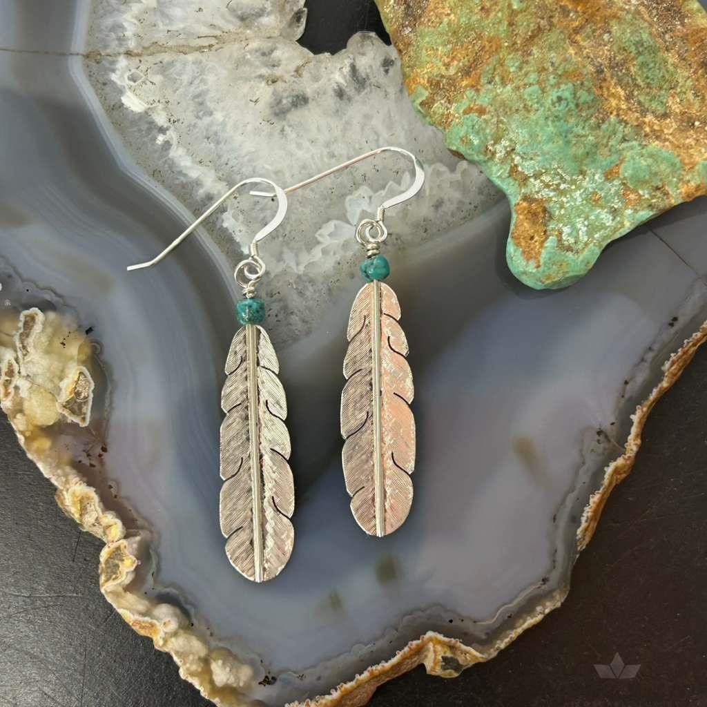 Anthony Gatewood Sterling Silver & Turquoise Bead Feather Dangle Earrings For Women