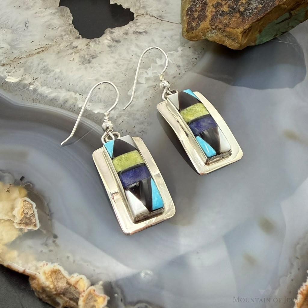 Sheryl Edaakie Zuni Sterling Silver  Multistone Inlay Rectangle Dangle Earrings For Women #2