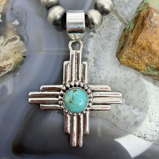 Sterling Silver Southwestern Style Rounded Mohave Turquoise Unisex  Zia Pendant #1