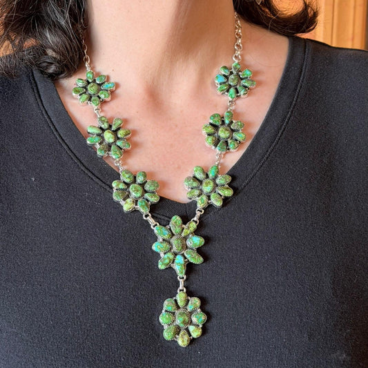 Sterling Silver Southwestern Style Sonora Gold Turquoise Cluster 19" Necklace For Women