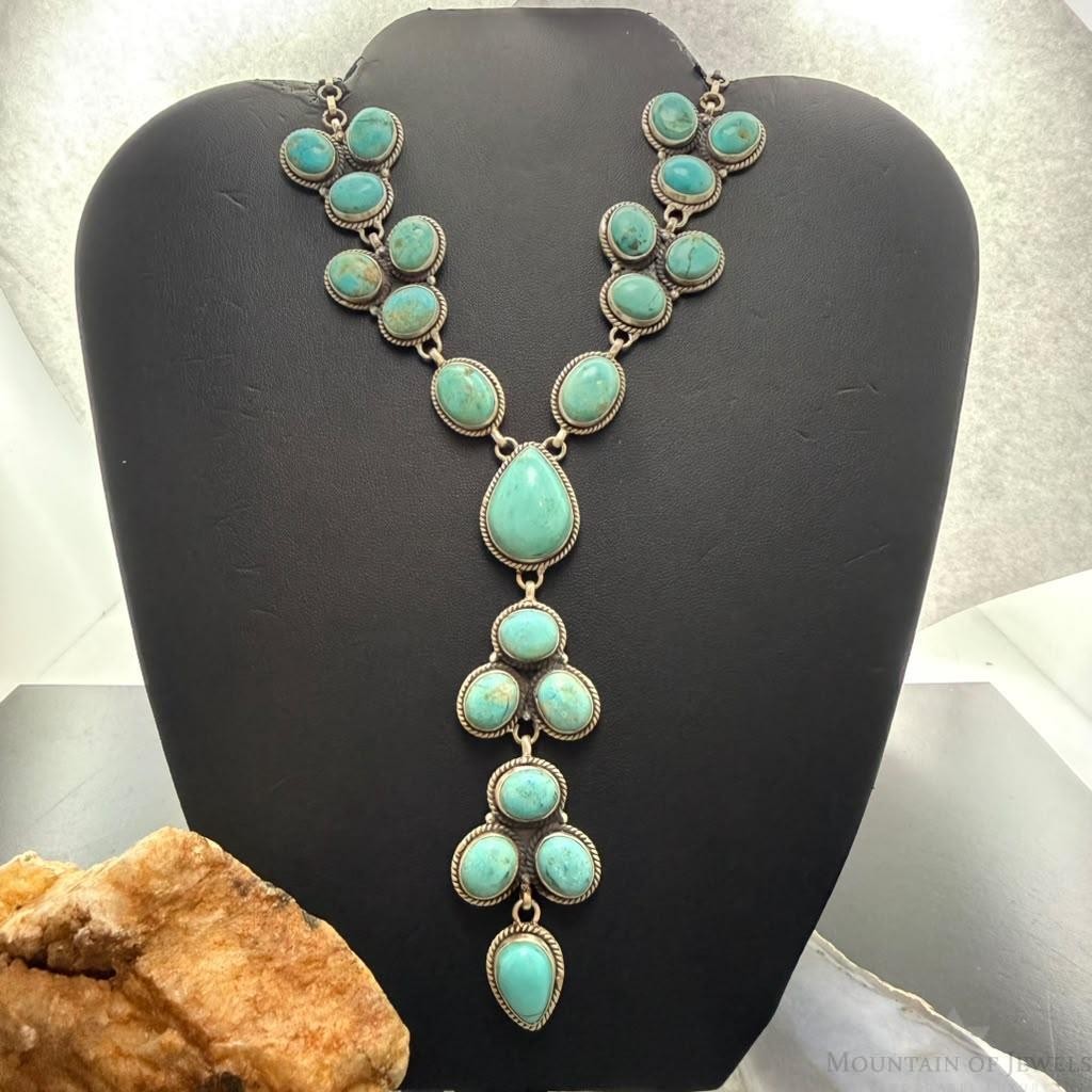 Sterling Silver Southwestern Style KingmanTurquoise Lariat Cluster 24.5" Necklace