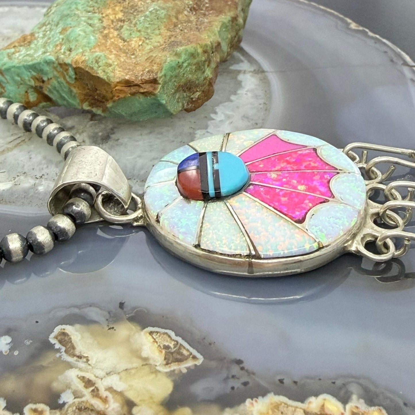 Amy Quandelacy Zuni Sterling Silver Sunface Opal,Turquoise,Coral Decorated Pendant