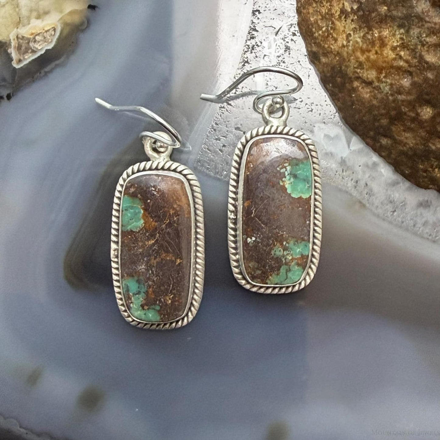 Sterling Silver Southwestern Style Rectangle Royston Turquoise Dangle Earrings For Women