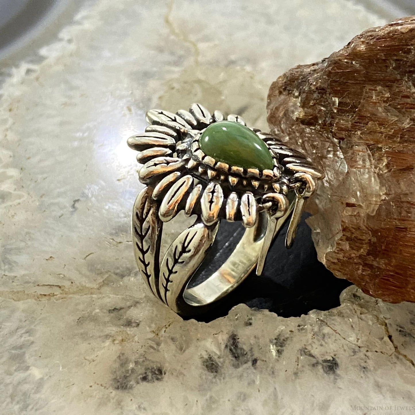 Carolyn Pollack Southwestern Style Sterling Silver Green Turquoise Chief Feather Headdress Ring For Women