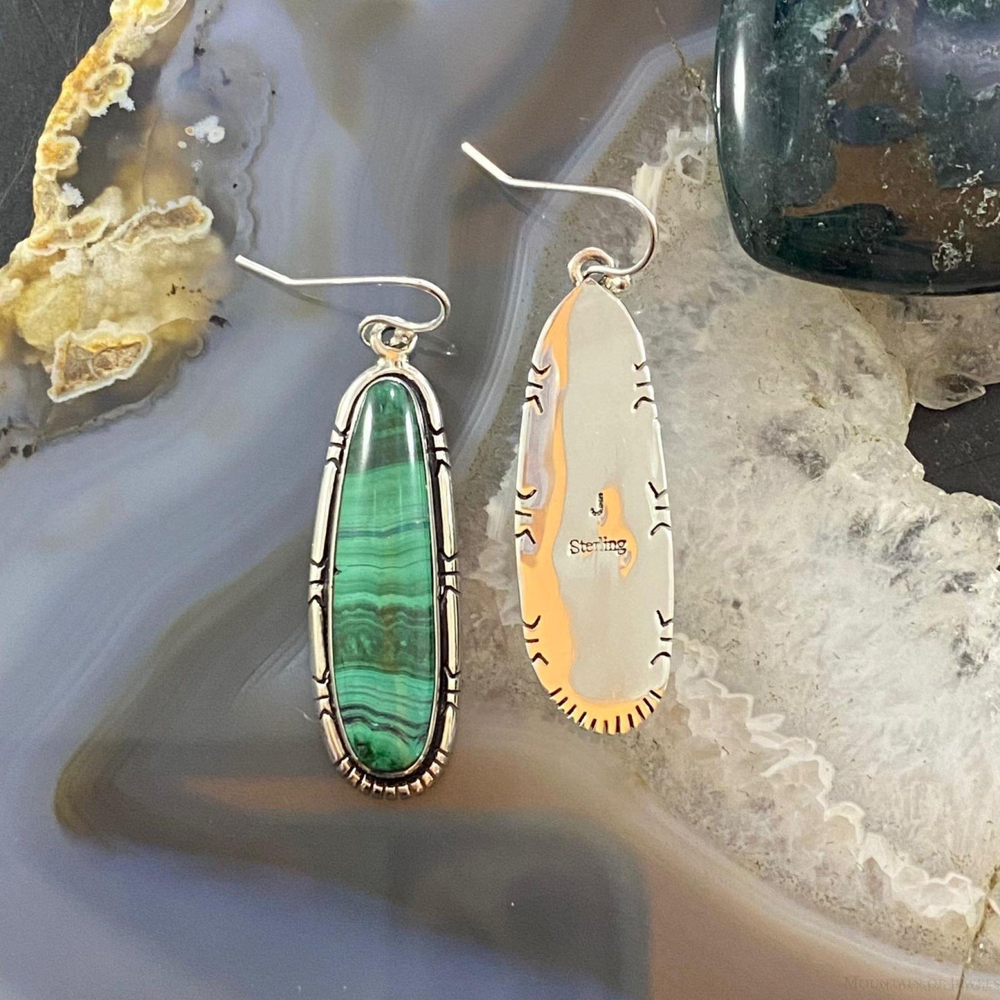 Native American Sterling Silver Elongated Malachite Dangle Earrings For Women #2