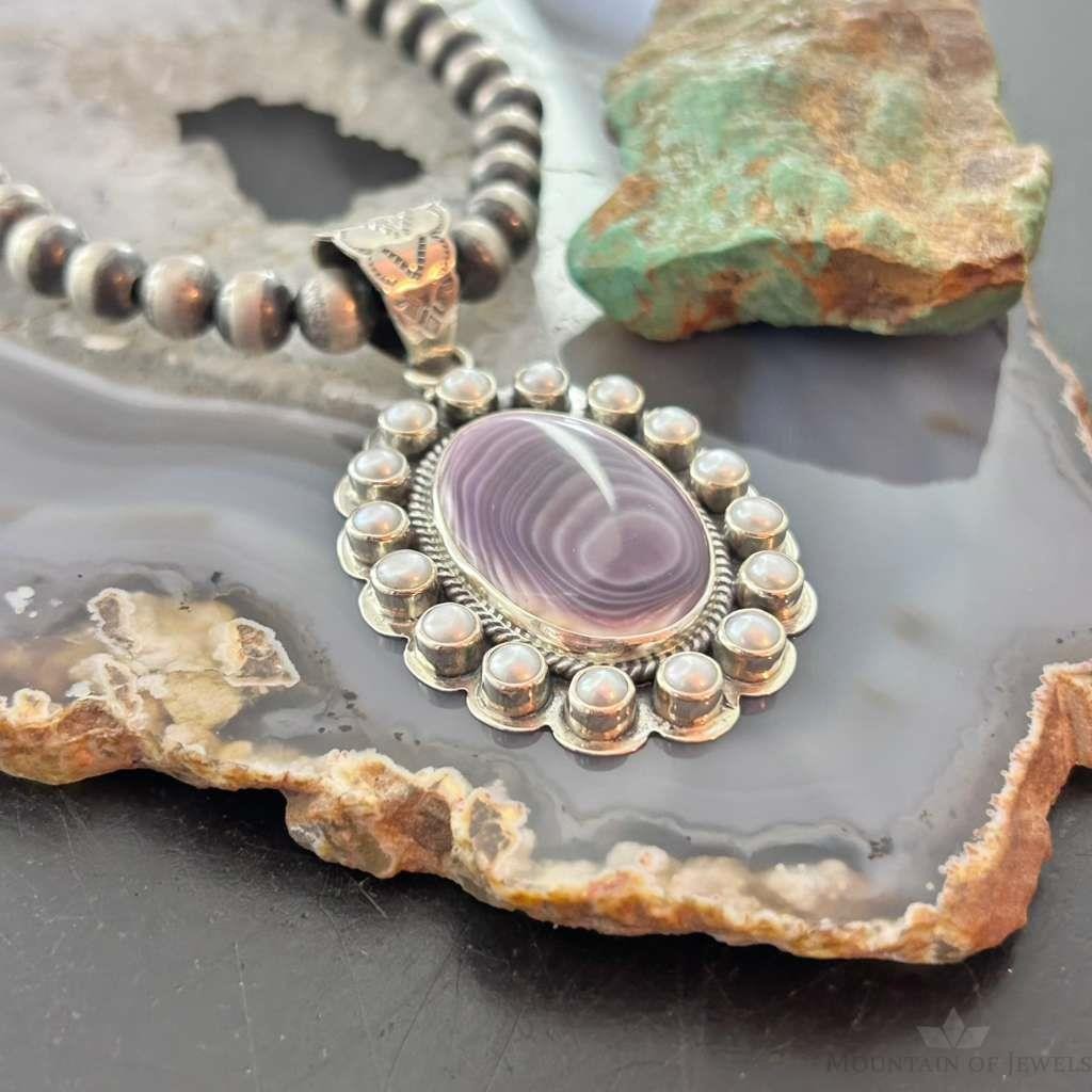 Native American Sterling Silver Oval Phosphosiderite W/Pearls Cluster Pendant For Women