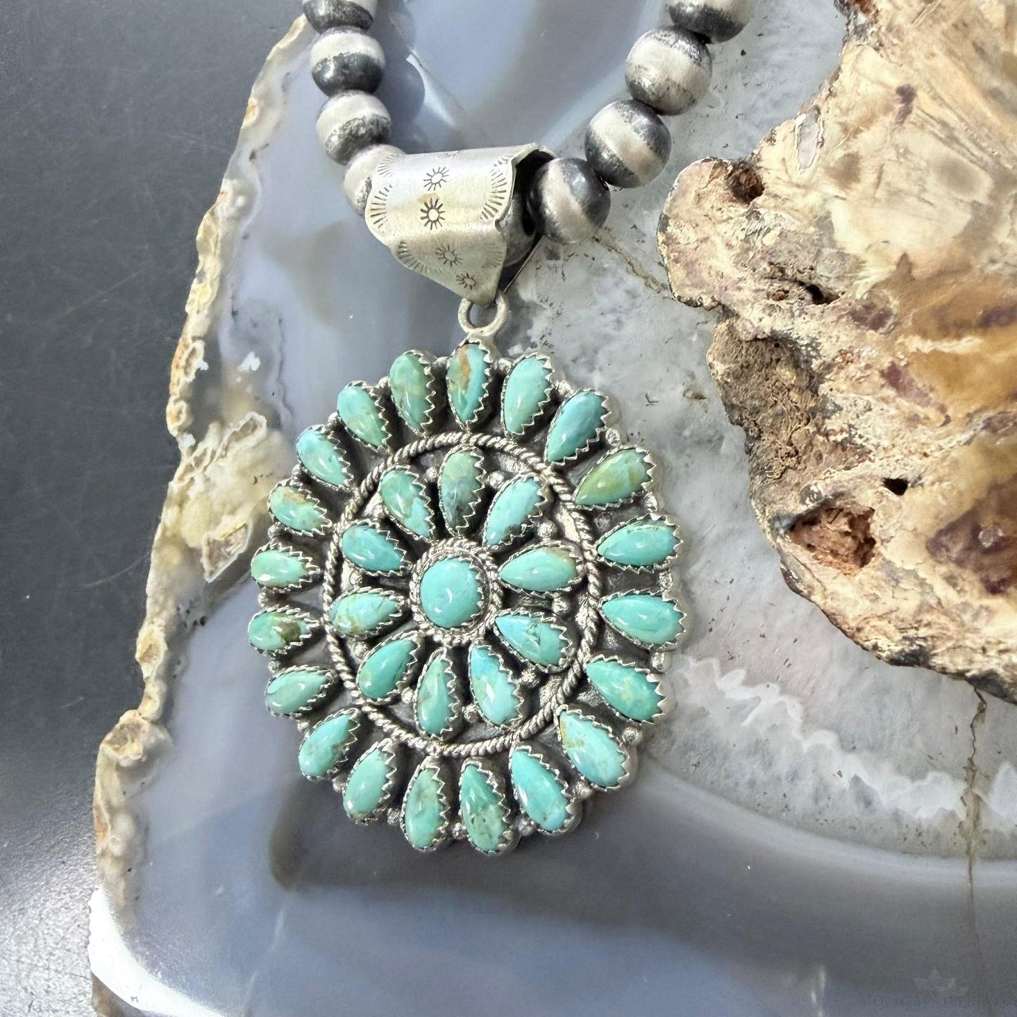 Sterling Silver Southwestern Style Teardrop Mohave Turquoise Round Cluster Pendant