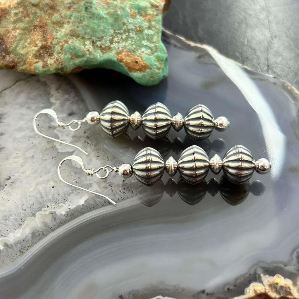 Native American Sterling Silver Grooved Saucer Pearl Beads Dangle Earrings For Earrings