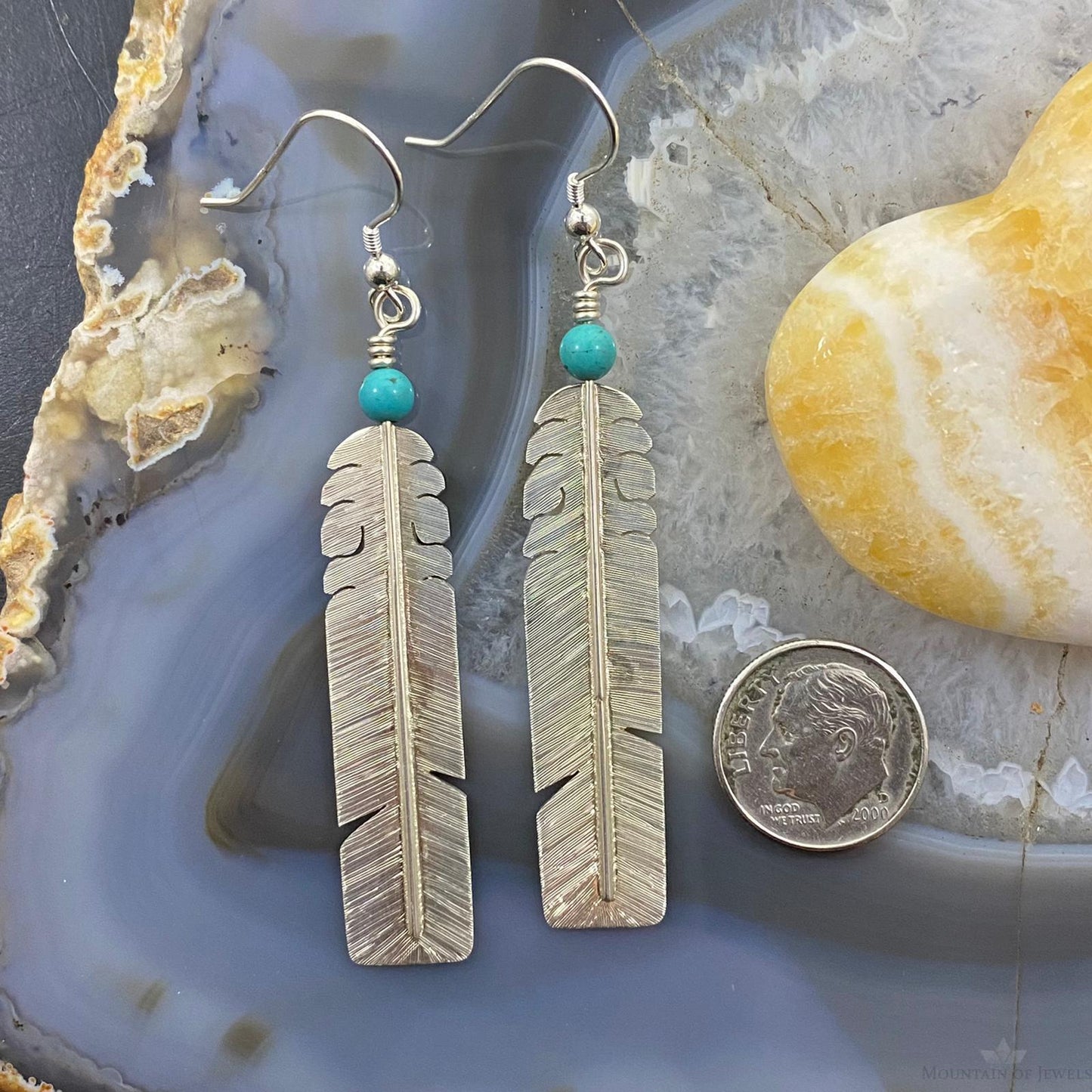 David Kuticka Native American Sterling Silver Feather w/Turq Dangle Earrings #1