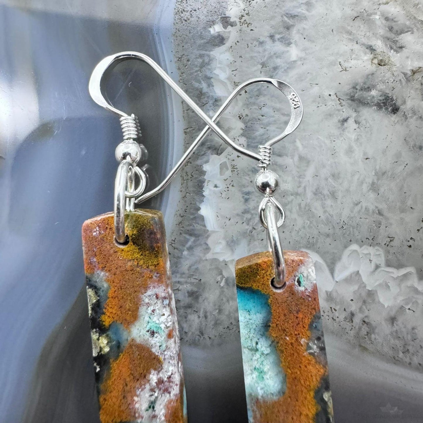 Sterling Silver Rectangle Chrysocolla Slab Dangle Earrings For Women #212