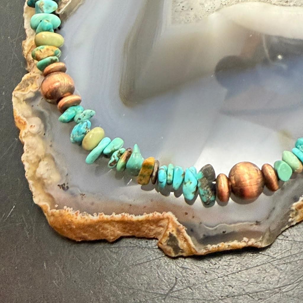 4.5-8mm Copper Navajo Pearl Round,Saucer & Natural Turquoise 18" Necklace For Women
