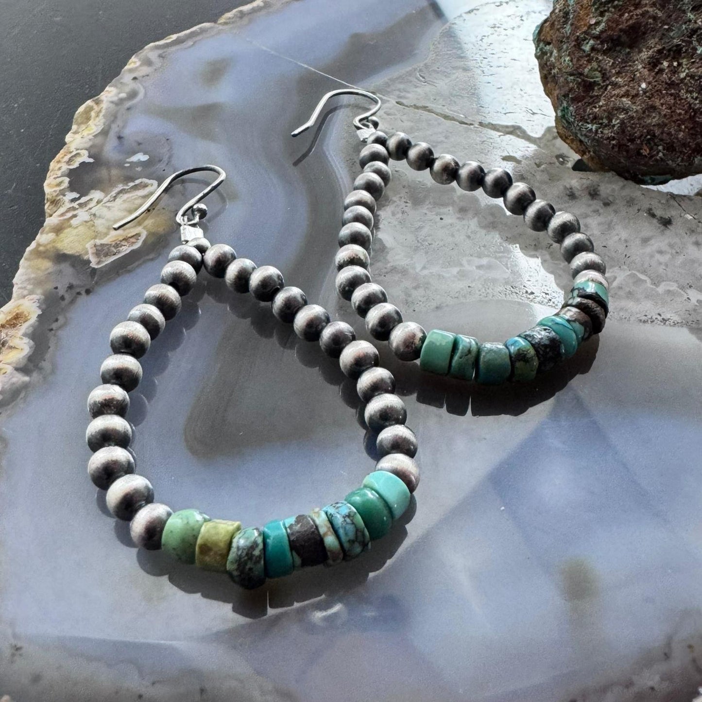 Sterling Silver Southwestern Style Navajo Pearl & Turquoise Bead Hoop Earrings For Women