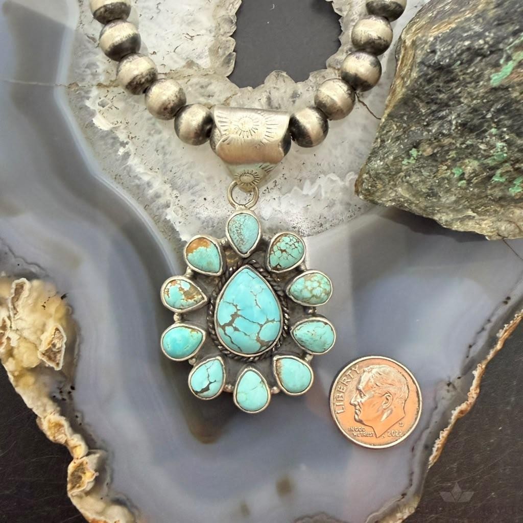 Sterling Silver Southwestern Style Teardrop Royston Turquoise Decorated Cluster Pendant