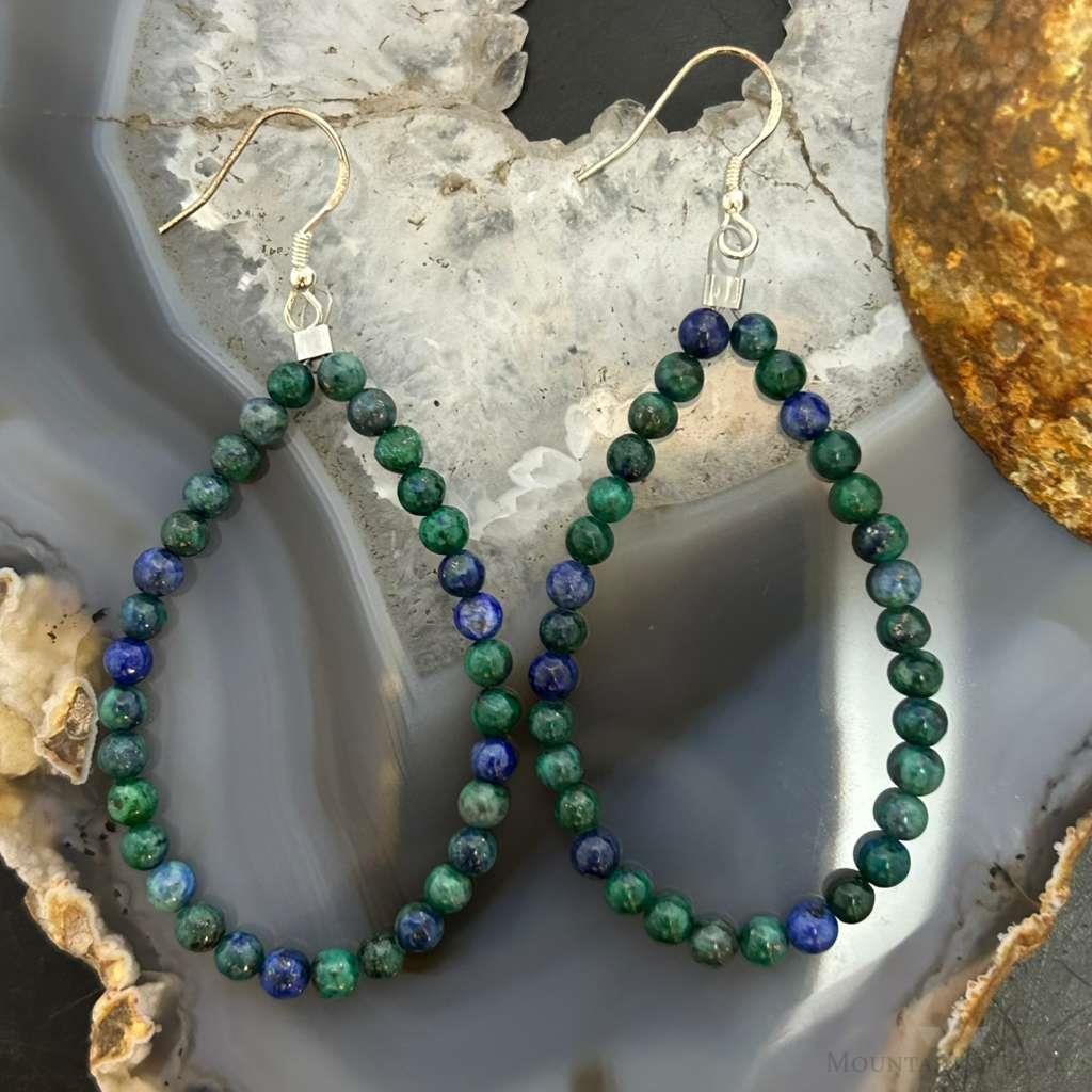 Sterling Silver 4mm Rounded Azurite Malachite Hoop Dangle Earrings For Women