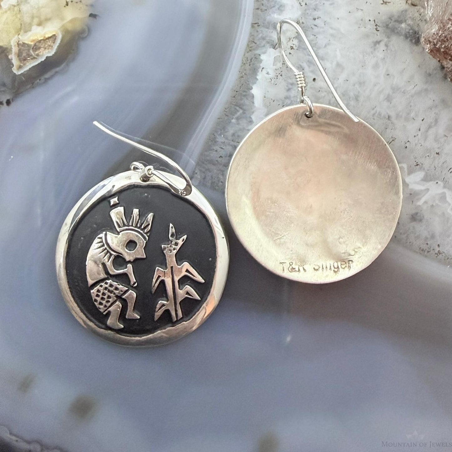 Tommy & Rosita Singer Sterling Silver Overlay Kokopelli Dangle Earrings For Women