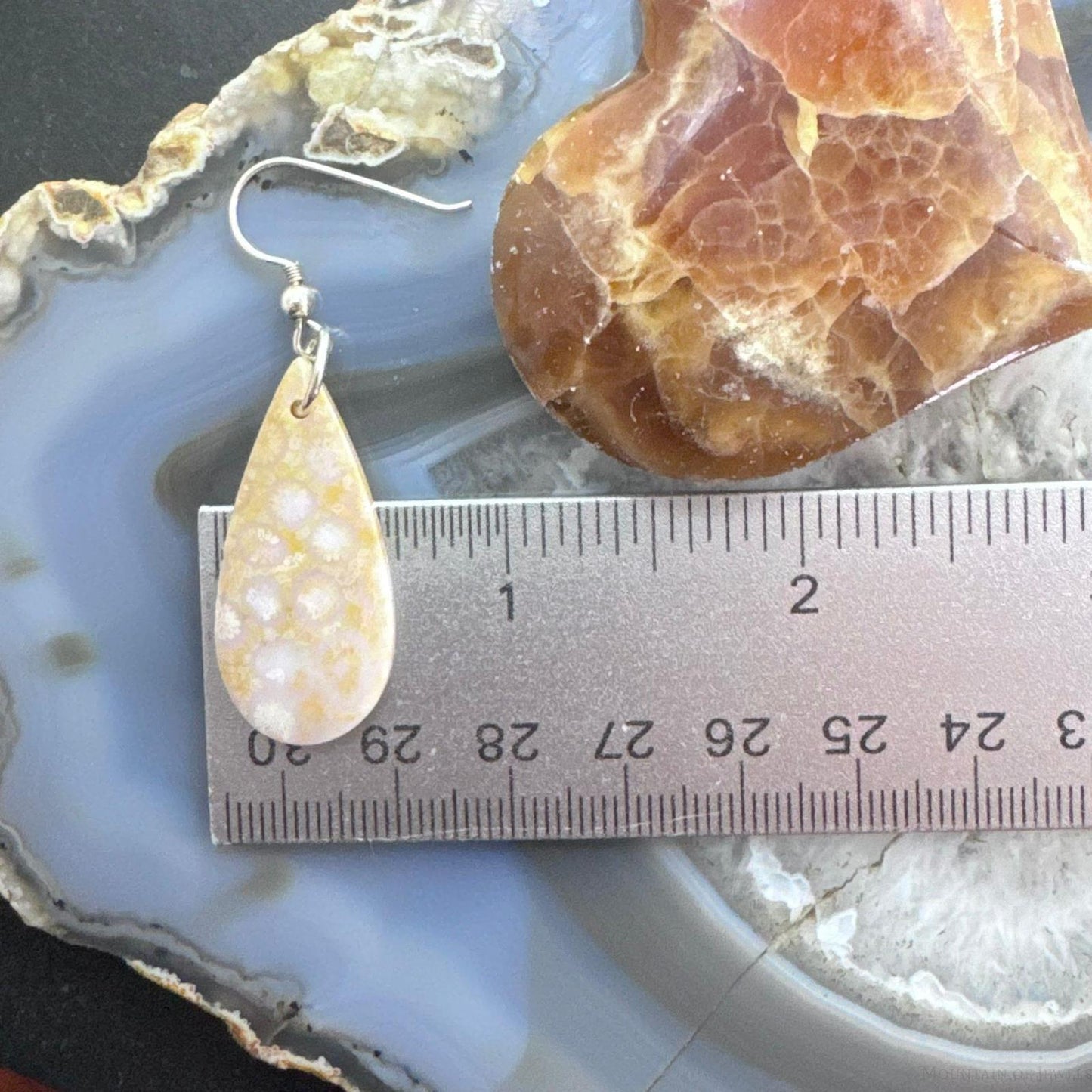 Sterling Silver Teardrop Fossilized Coral Slab Dangle Earrings For Women #129