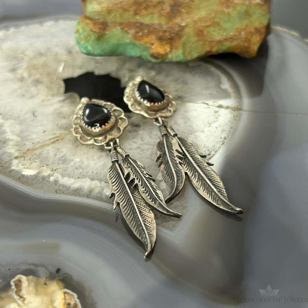 Albert Payton Native American Sterling Silver Teardrop Onyx W/Feathers Dangle Earrings For Women