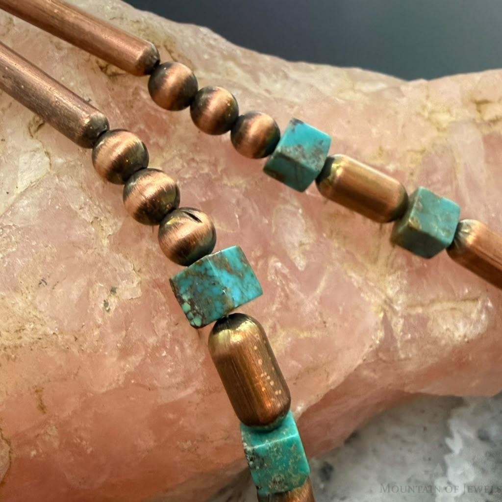 Southwestern Style Copper Navajo Pearl & Cylinder w/Turquoise Beads 20" Necklace For Women