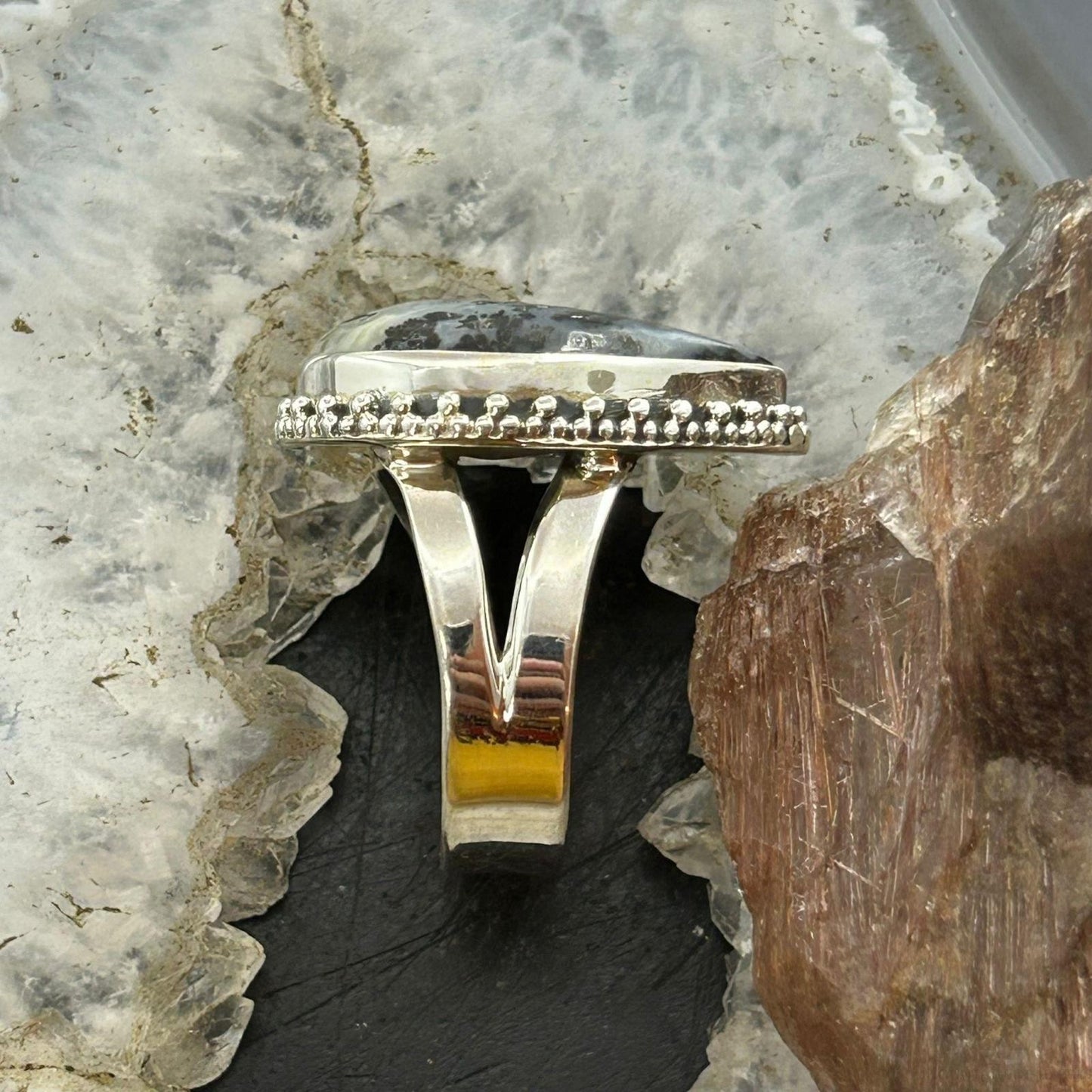 Sterling Silver Southwestern Style Teardrop Parral Dendritic Agate Ring Size 9 For Women