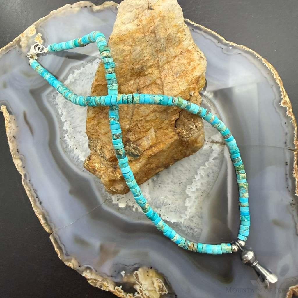 Sterling Silver Turquoise & Navajo Pearl Beads With Squash Blossom Necklace