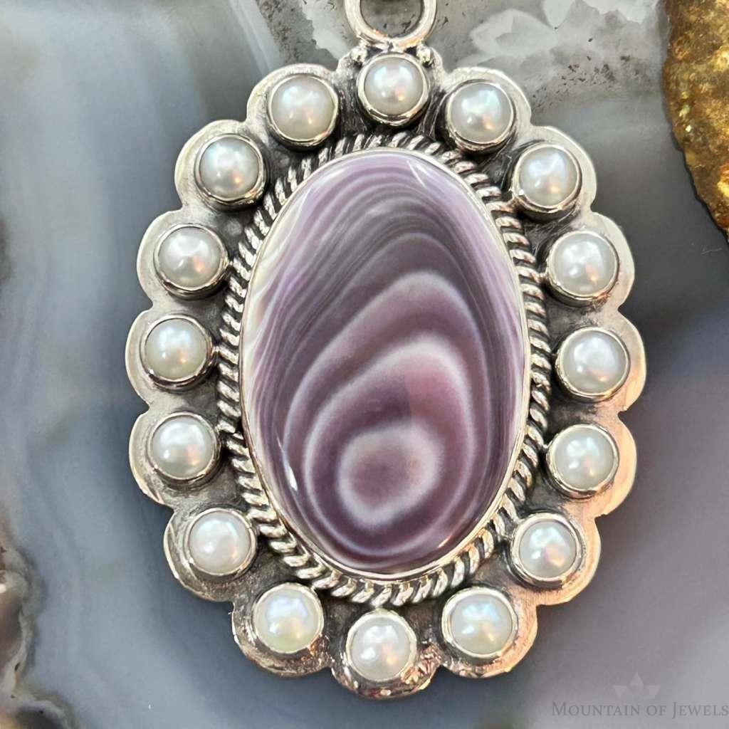 Native American Sterling Silver Oval Phosphosiderite W/Pearls Cluster Pendant For Women