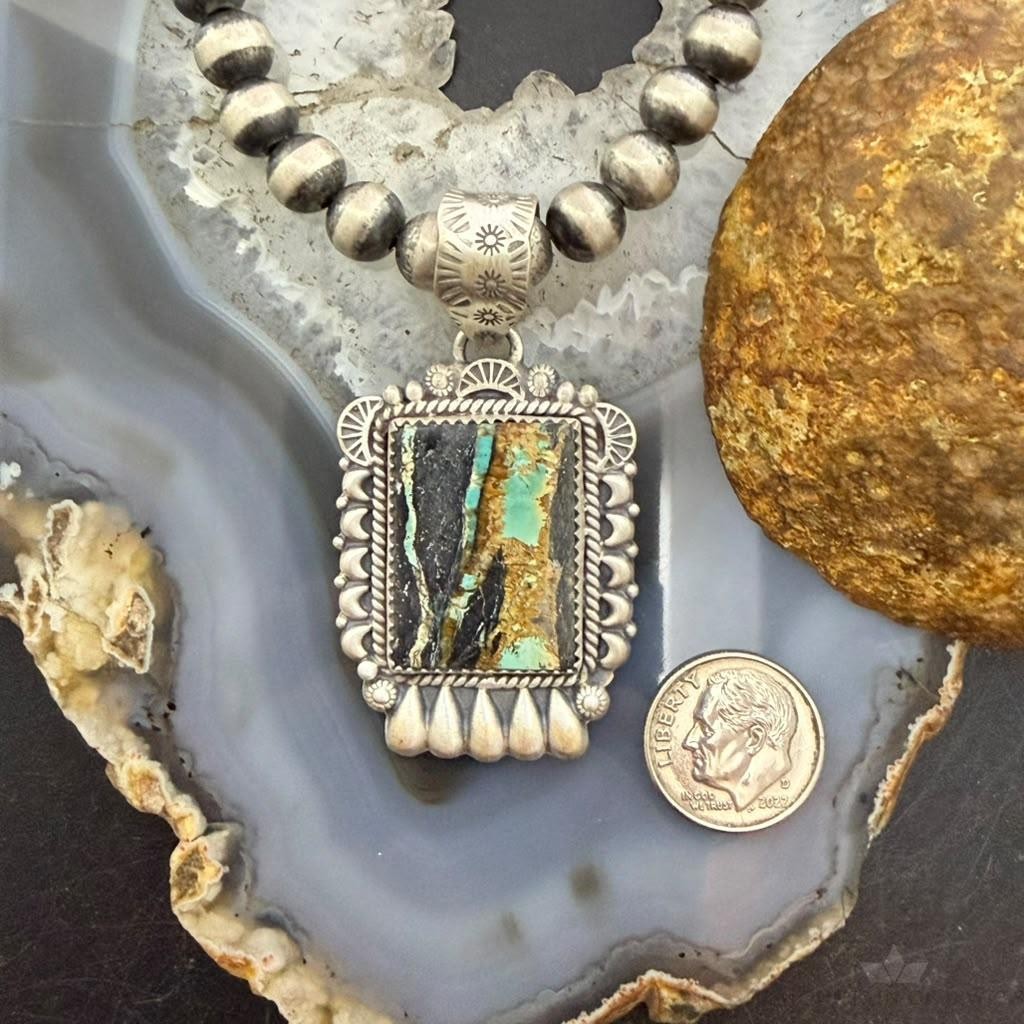 Sterling Silver Southwestern Style Square Blackjack Turquoise Decorated Pendant #1