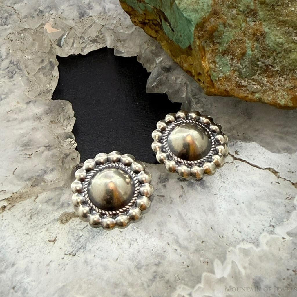 Native American Sterling Silver Round Dome Decorated Stud Earrings For Women