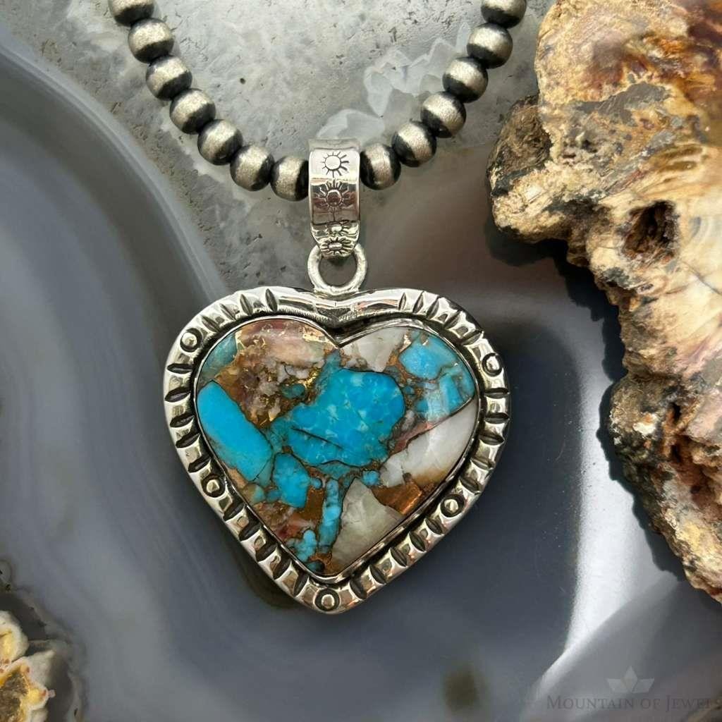 Sterling Southwestern Style Turquoise Spiny Oyster Heart Pendant For Women #1