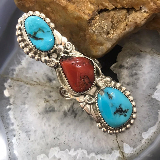 Silver Ray Sterling Silver 2 Turquoise 1 Coral Decorated Ring Size 8.5 For Women