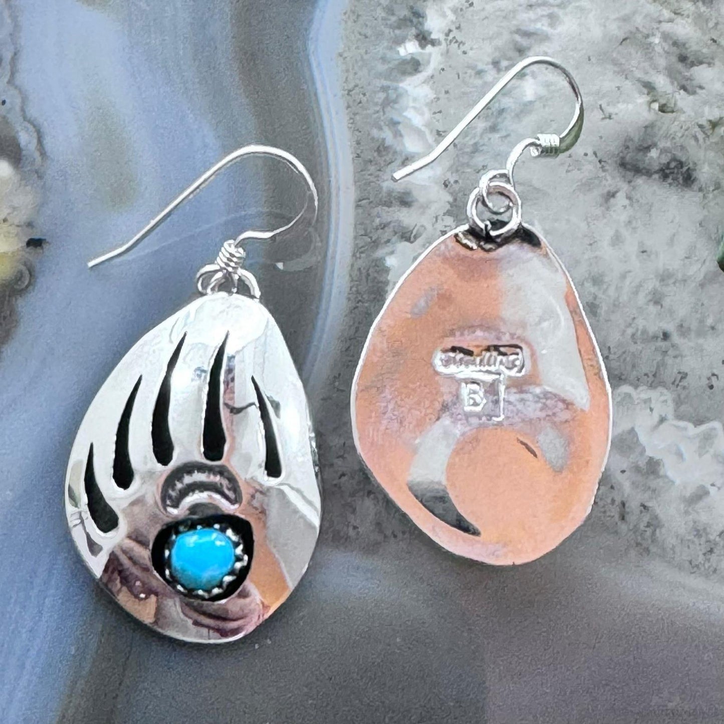 Native American Sterling Silver Bear Claw w/Turquoise Dangle Earrings For Women