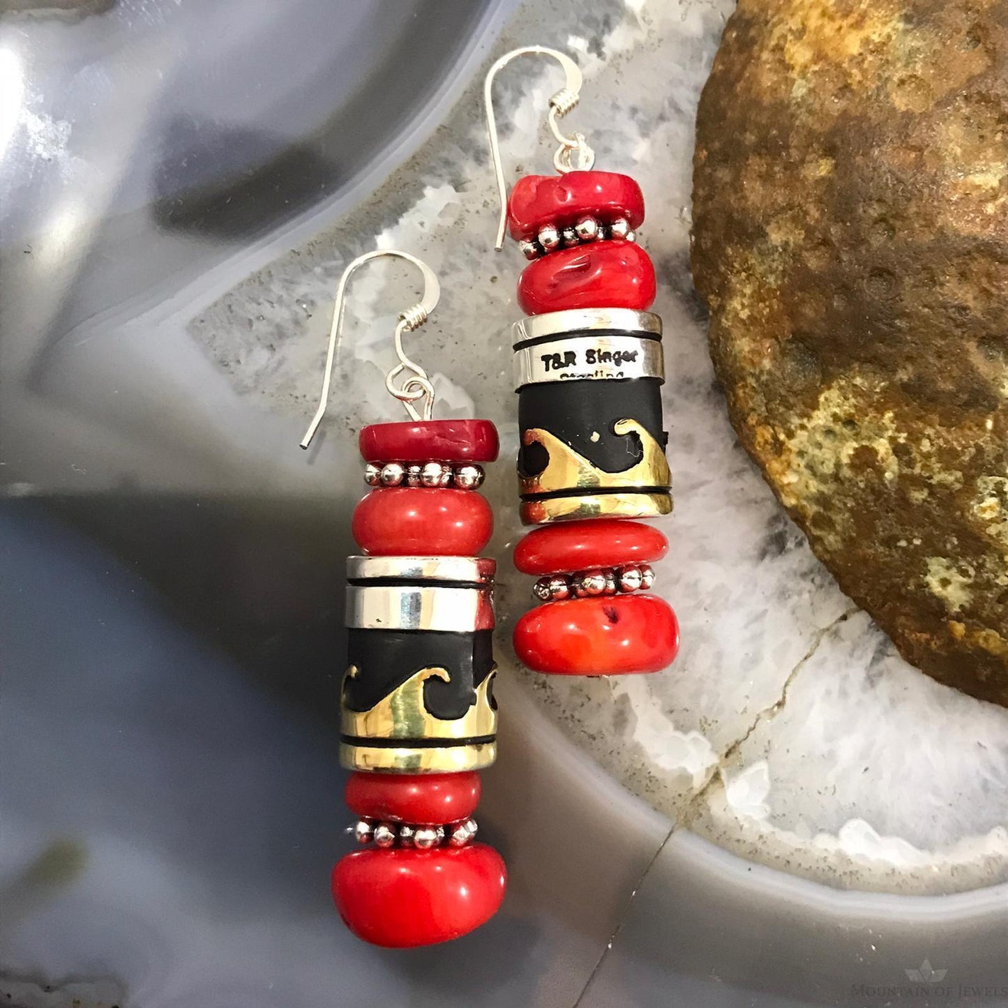 Tommy & Rosita Singer Sterling Silver & GF Barrel and Red Coral Bead Dangle Earrings For Women