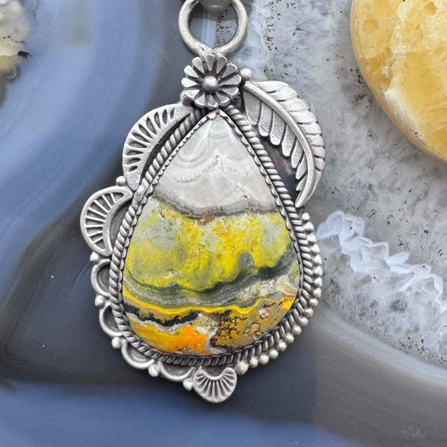 Sterling Silver Southwestern Style Teardrop Bumblebee Jasper Decorated Pendant For Women