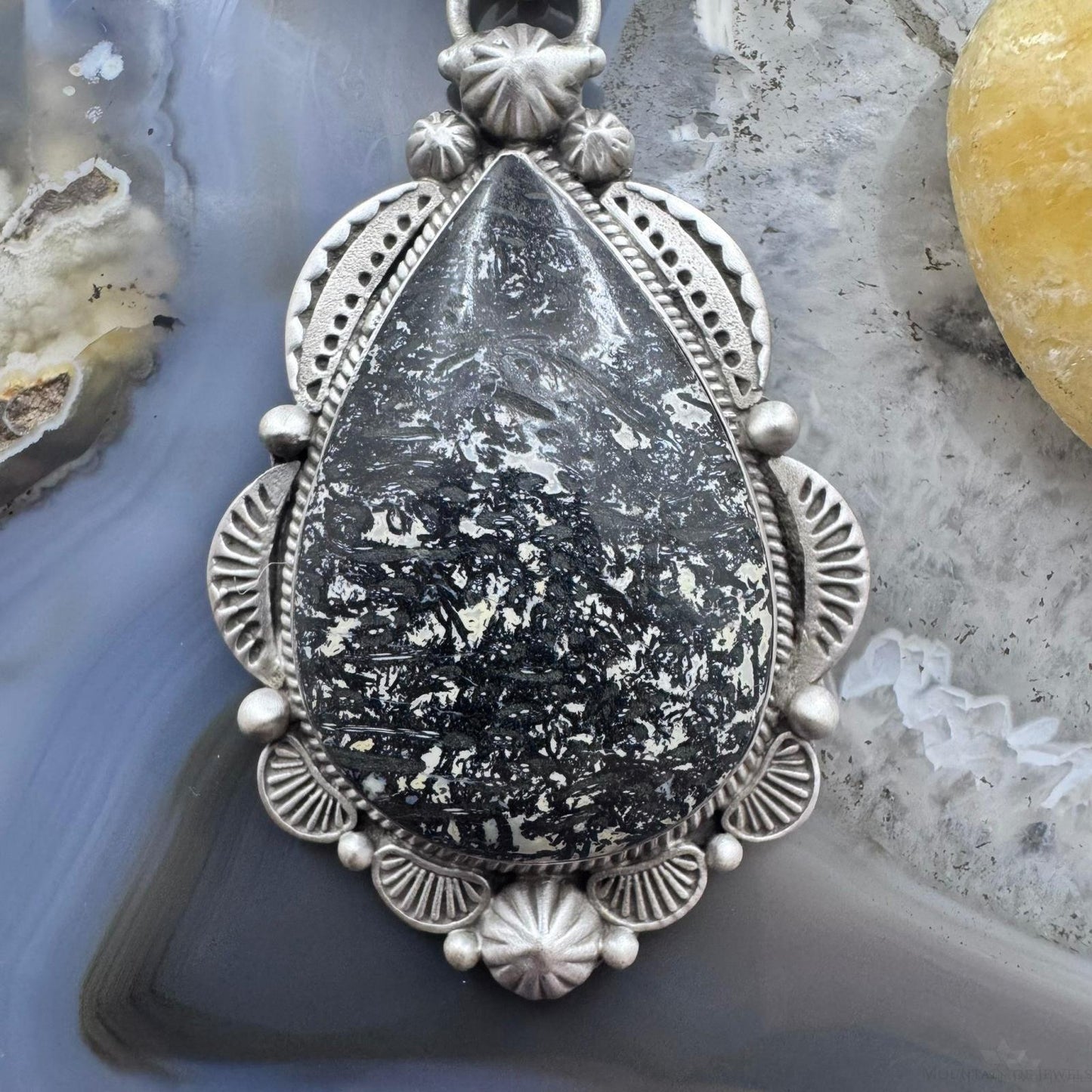 Sterling Silver Southwestern Style Teardrop Petrified Wood Decorated Pendant For Women