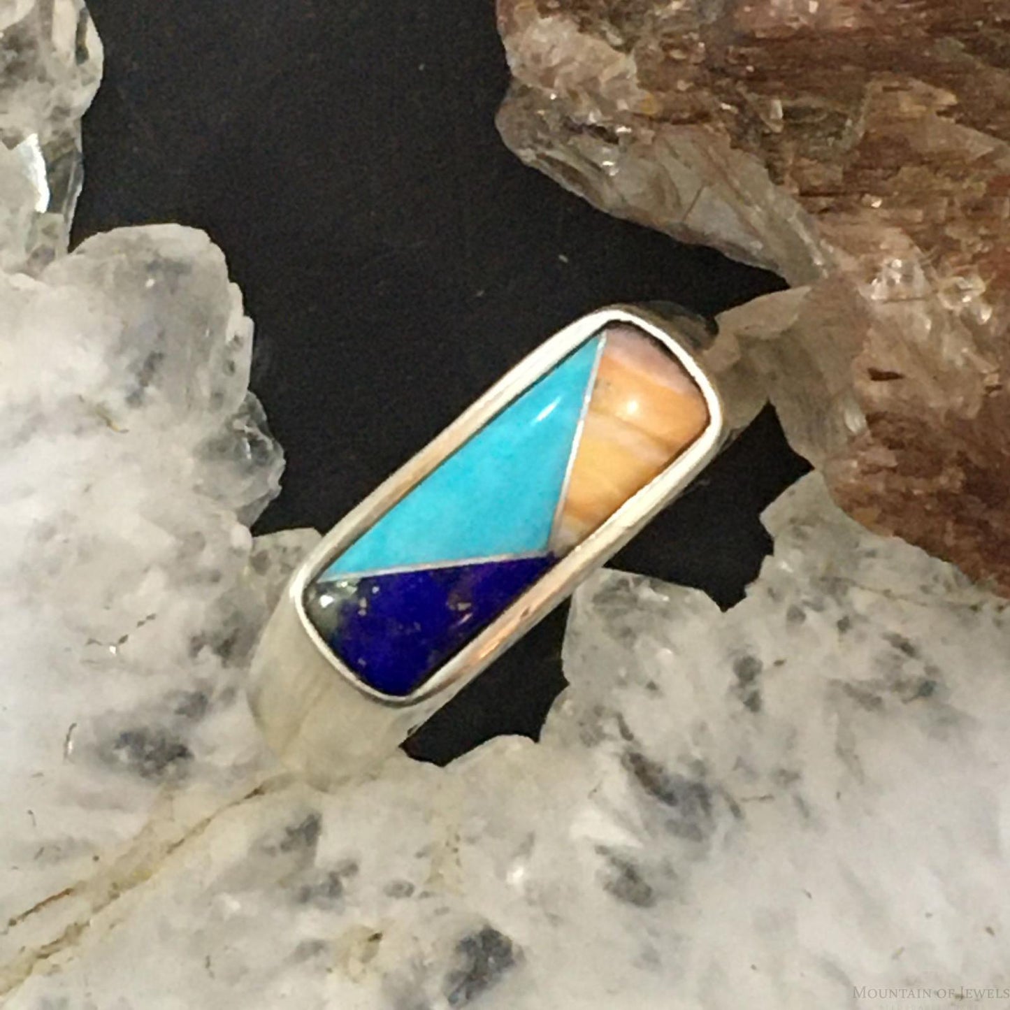 Carolyn Pollack Southwestern Style Sterling Silver Rectangle Multi-gemstone Inlay Ring For Women