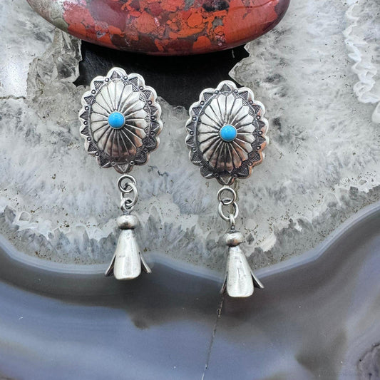 Native American Sterling Oval Concho w/Turquoise Squash Blossom Dangle Earrings