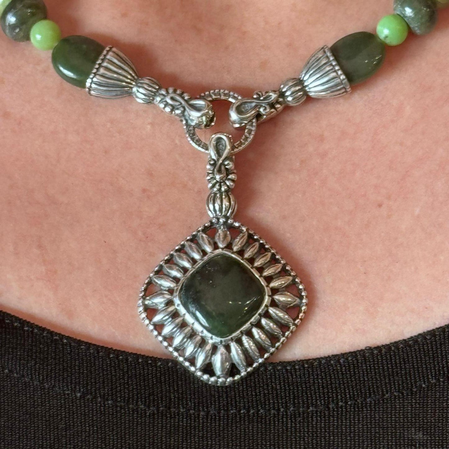 Carolyn Pollack Sterling Silver Serpentine/Malachite Bead Necklace & Link Bracelet Set