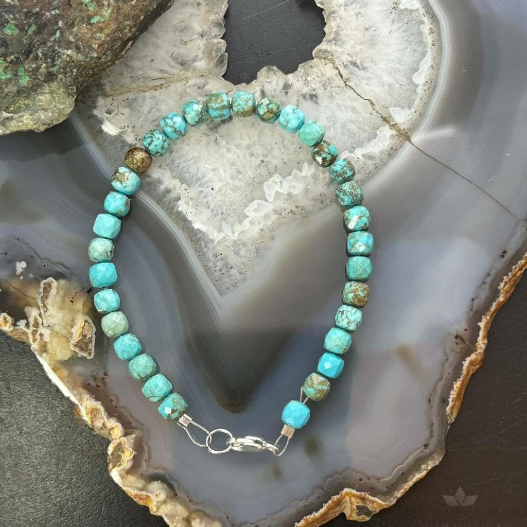 Sterling Silver Faceted Turquoise Beads 7.5" Bracelet For Women