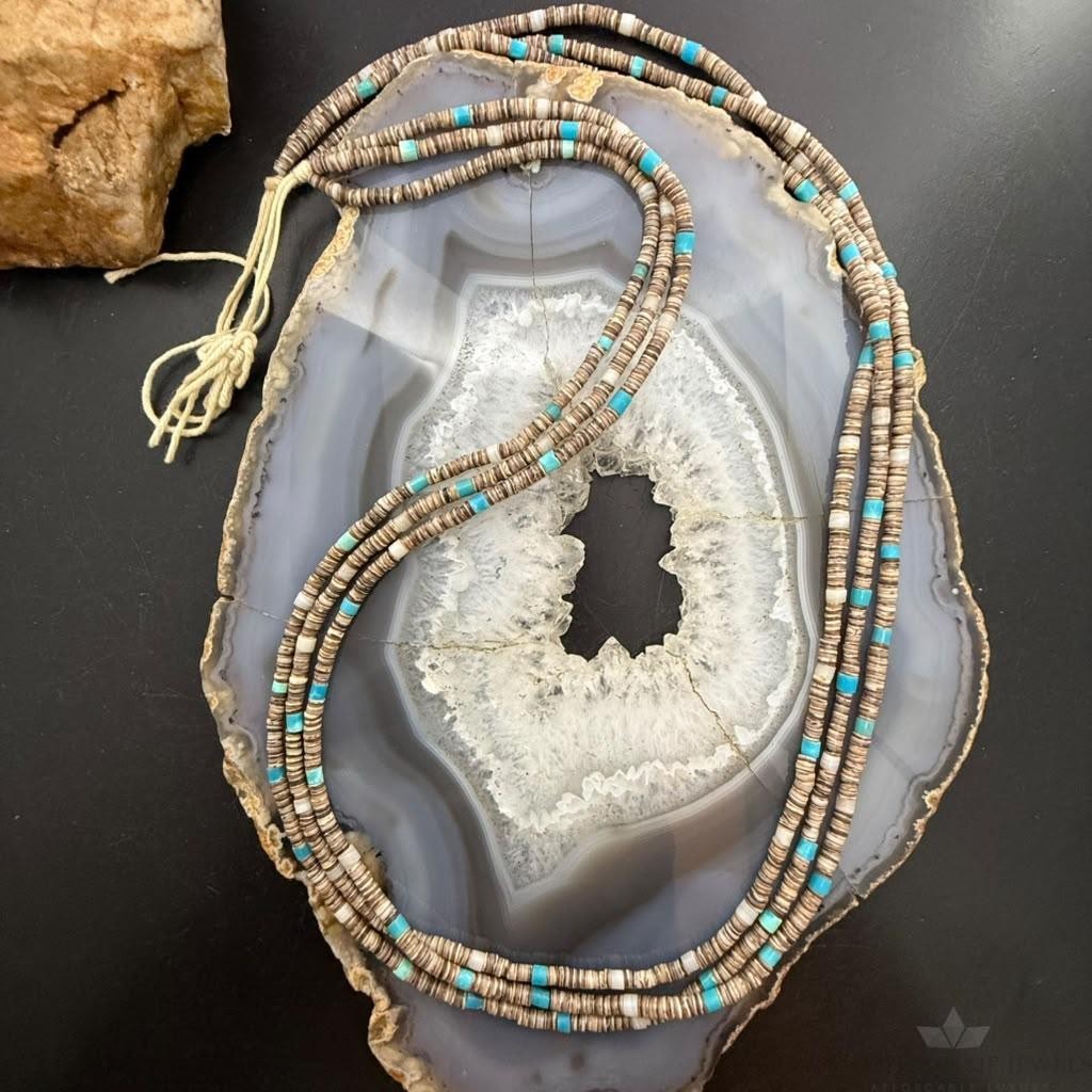 Vintage Native American 3 Strands Heishi Beads &Turquoise 26" Necklace For Women