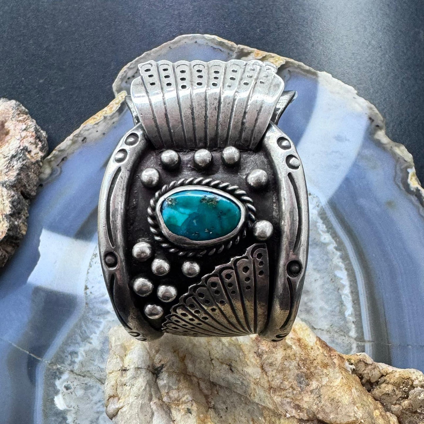 Vintage Native American Sterling Silver 2 Natural Turquoise Watch Cuff For Men