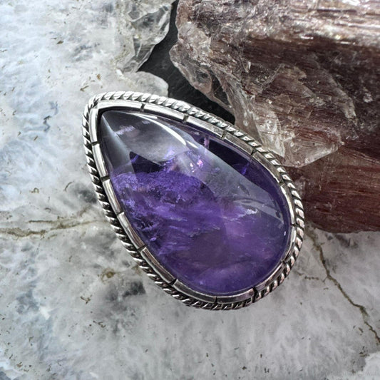 Sterling Silver Southwestern Style Teardrop Amethyst Decorated Ring Size 7 For Women