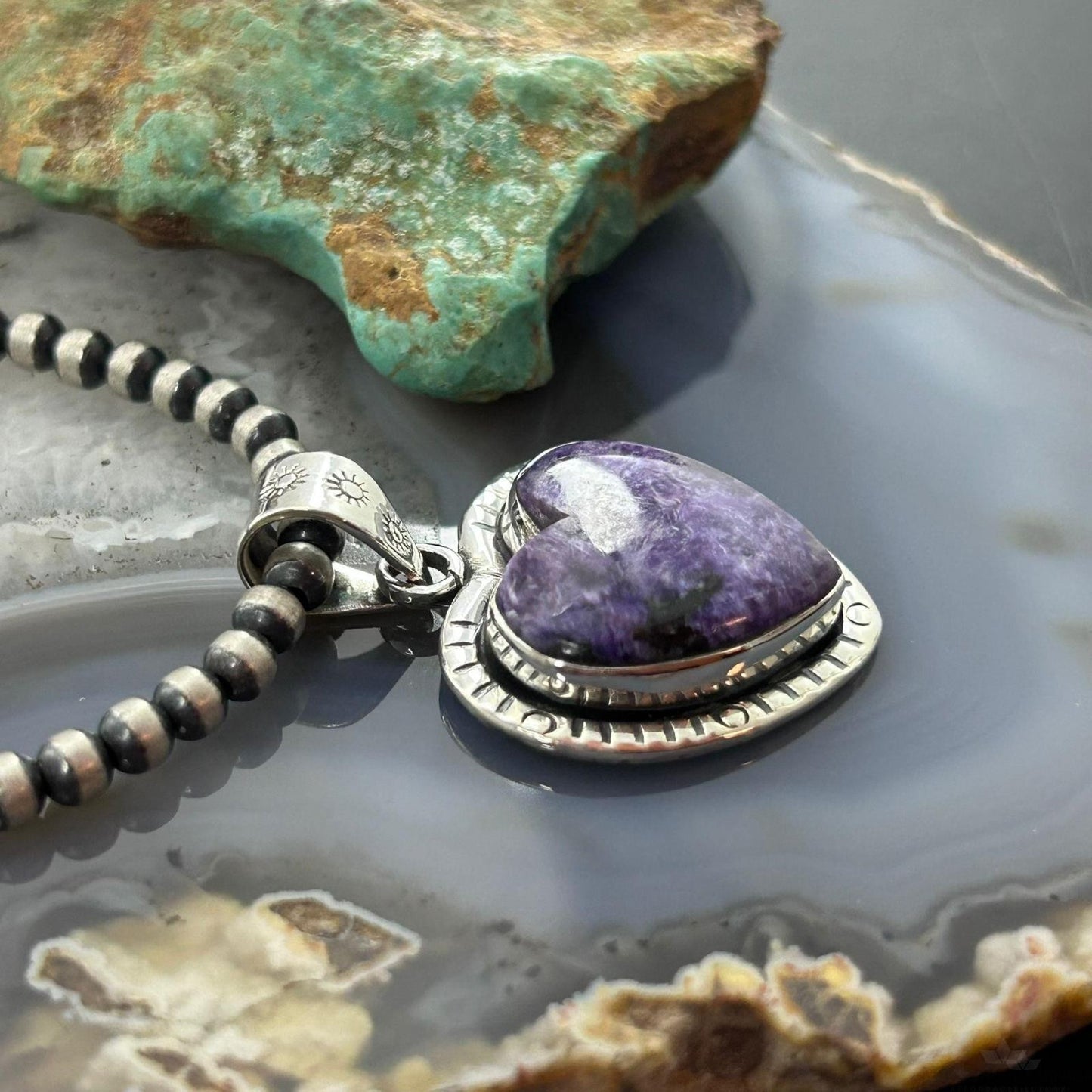 Sterling Silver Southwestern Style Charoite Heart Decorated Pendant For Women