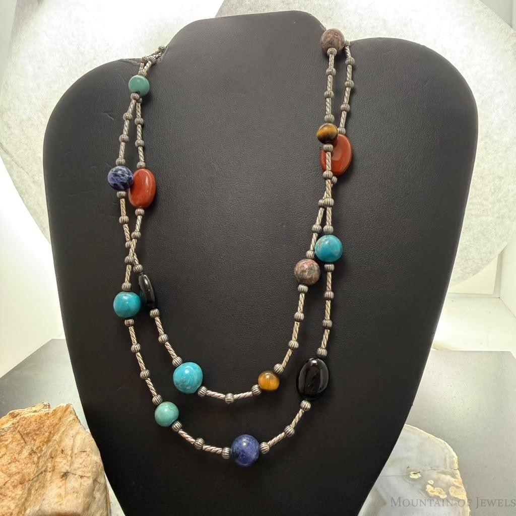 Carolyn Pollack Sterling Silver Cylinder, Beads and Multistone 34" Necklace For Women